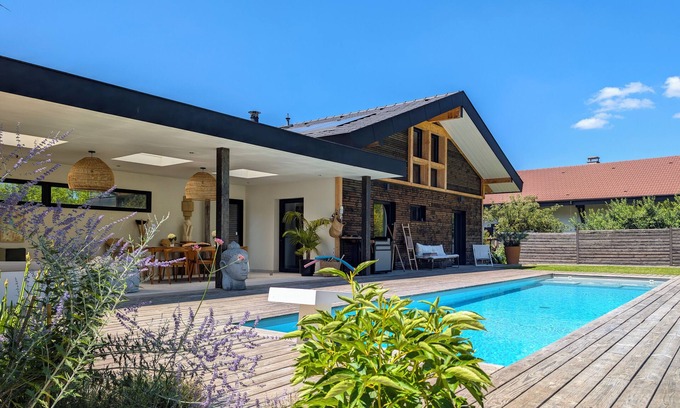 Echarvines Villa | Contemporary villa with pool, panoramic lake & mountain views, AC