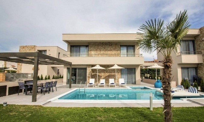 Pefkochori Villa | Dazzling Halkidiki Villa | Villa Lothíriel | 3 Bedrooms | Spacious Furnished Sun Terrace | Private Outdoor Pool and Hot Tub | BBQ Facilities and Shaded Outdoor Dining Area | Pefkohori