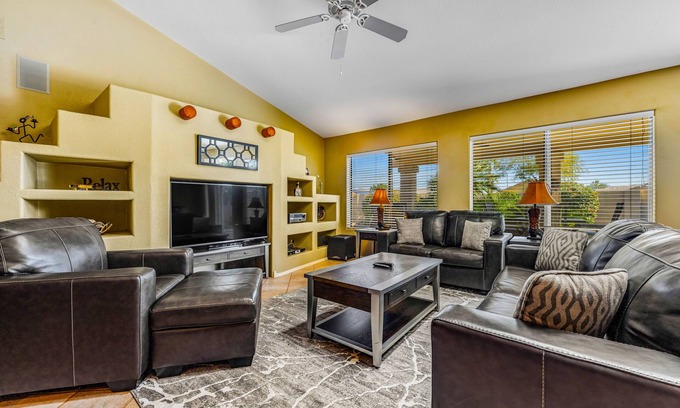 Palm Valley Maison | Dog-friendly home with pool, firepit, fast WiFi, central AC, & washer/dryer
