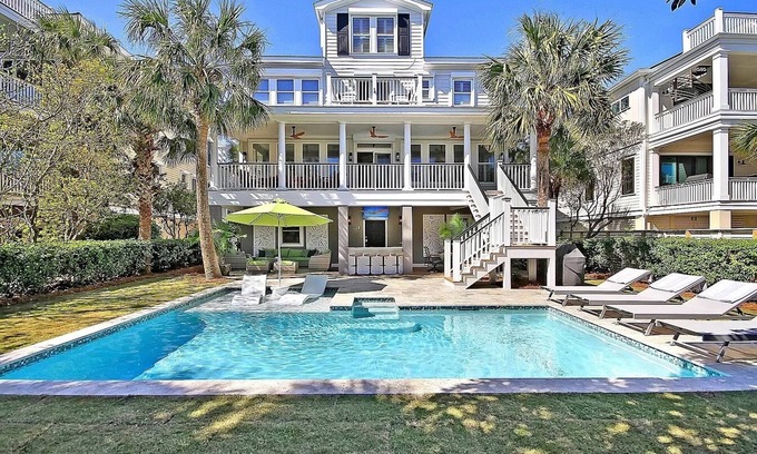 Isle of Palms Maison | Exclusive 5K sq ft Home w/Backyard Oasis & Salt Water Heated Pool, Steps 2 Beach