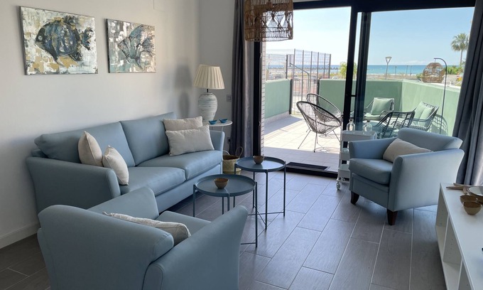 Vallpineda Appartement | Frontline apartment with pool & parking and incredible views on quiet beach