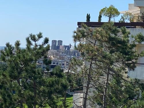 Reims Appartement | Le Mun,3 étoiles-T2-60m2-balcon-parking-wifi-linge-produits-face à la gerdarmerie-vue cathedrale