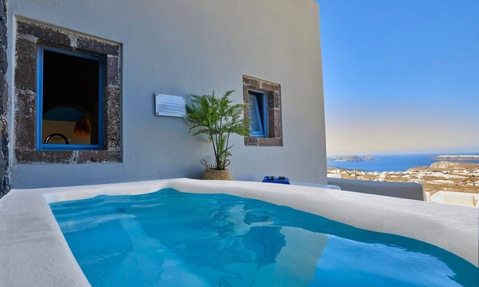 Pyrgos Villa | Marvelous Santorini Apartment | 1 Bedroom Suite | Apartment Jakotsumaru | Furnished Sun Terrace with Amazing Sea Views | Heated Private Plunge Pool | Kastelli, Pyrgos Kallistis