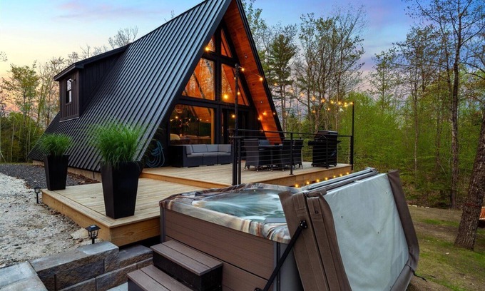 Sebago Maison | Modern A-frame house with hot tub and fire pit. Very private!