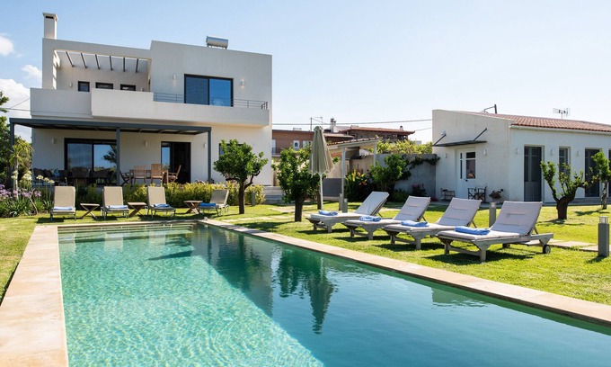 Maleme Villa | MOUSIKI, elegant villa with pool, terrace, and garden. 450 m from the beach