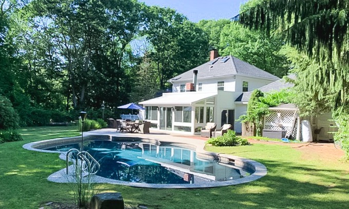 Hampton Falls Maison | Seacoast home with private pool, sunroom, patio, grill, firepit, & fireplace