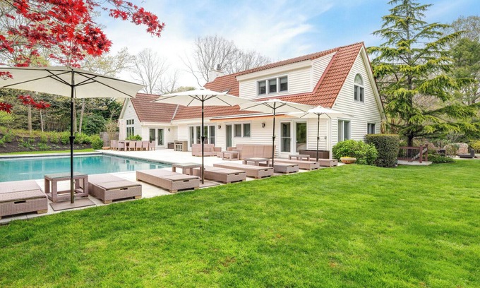Wainscott Woods Maison | Spacious Wainscott Escape with Private Pool, Spa, and Luxurious.