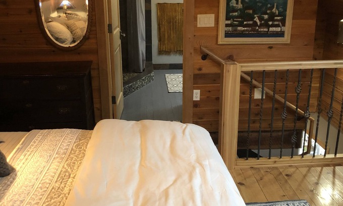 Weaverville Maison | The Loft King Room w/ full kitchen in historic Carriage House building.