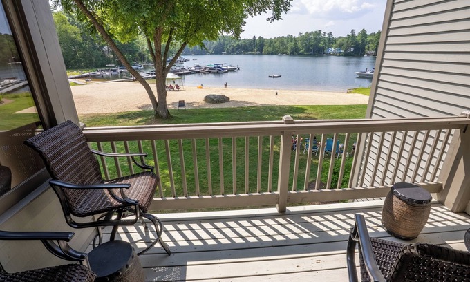 Mirror Lake Maison | Winnipesaukee lakefront townhome getaway with private beach, 3BRs, peaceful