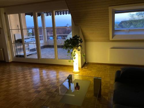 Schaffhausen Appartement | Zimmer direk am Waldrand mit Ausblick über Schaffhausen und Wohnzimmer mit Kamin