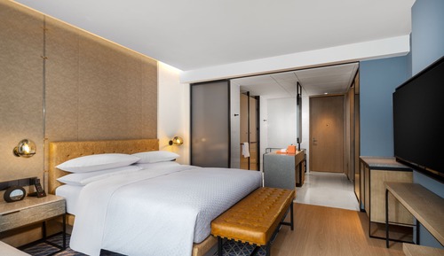 Chambre, 1 très grand lit, vue ville