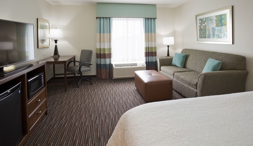 Chambre, 1 très grand lit et 1 canapé-lit, réfrigérateur et four à micro-ondes