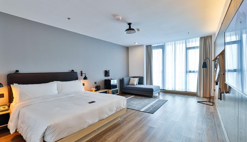 Chambre, 1 très grand lit, vue ville