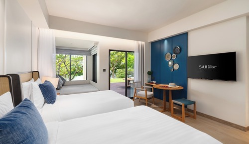 Chambre, 2 lits une place, vue lagon