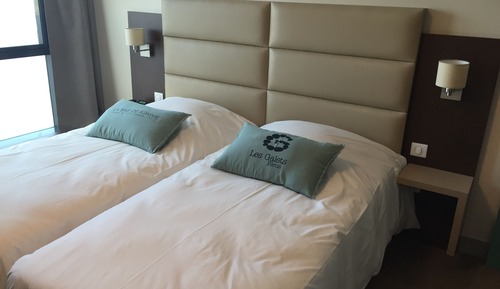 Chambre avec lits jumeaux, salle de bains attenante, vue mer