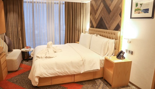 Chambre Double Deluxe, réfrigérateur et four à micro-ondes, vue ville