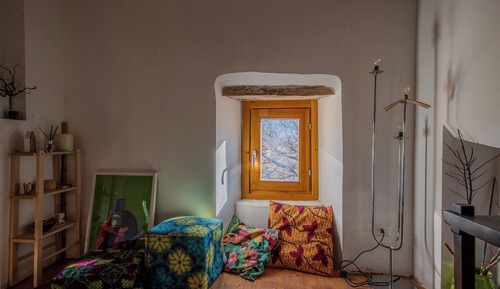 Maison, patio, vue montagne