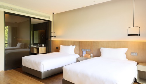 Chambre avec lits jumeaux, balcon, vue colline