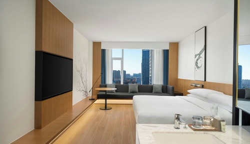 Chambre, 1 très grand lit, vue ville