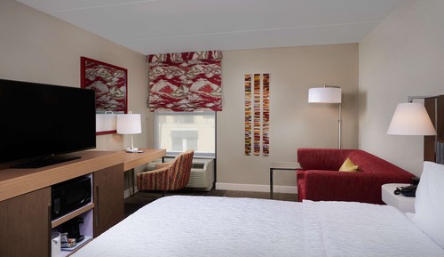 Chambre, 1 très grand lit et 1 canapé-lit, accessible aux personnes à mobilité réduite, baignoire