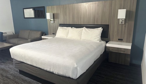 Chambre Standard, 1 très grand lit, réfrigérateur et four à micro-ondes, vue baie