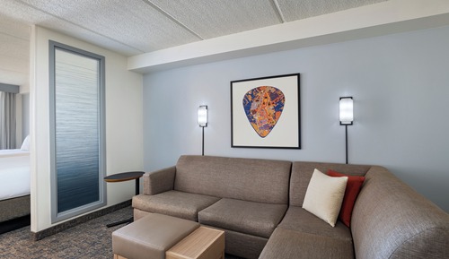 Chambre, 1 très grand lit et 1 canapé-lit, douche accessible en fauteuil roulant