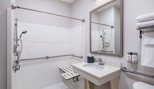 Chambre, 1 très grand lit, accessible aux personnes malentendantes (Mobility, Roll-In Shower)