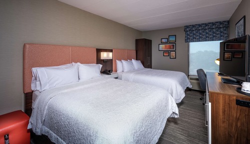 Chambre, 2 grands lits, réfrigérateur et four à micro-ondes