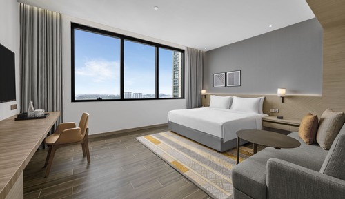 Chambre, 1 très grand lit et 1 canapé-lit, vue ville