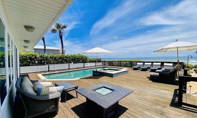 New Smyrna Beach Maison | Fabulous Oceanfront Beach Home with Pool & SPA, Firepit, Direct Beach Access